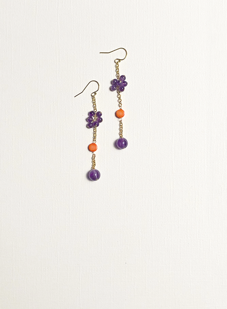 Amethyst and orange sea bamboo coral gold drop earrings