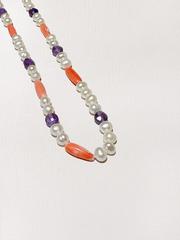 Freshwater Pearl, Coral & Amethyst Wrap Necklace